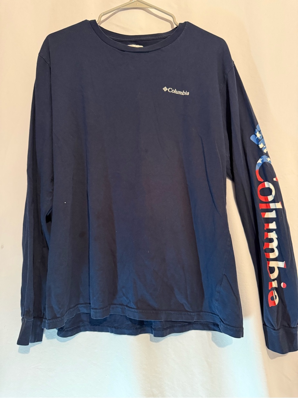 Vintage Columbia Sportswear Long Sleeve Shirt Mens L Navy USA Flag Sleeve Logo